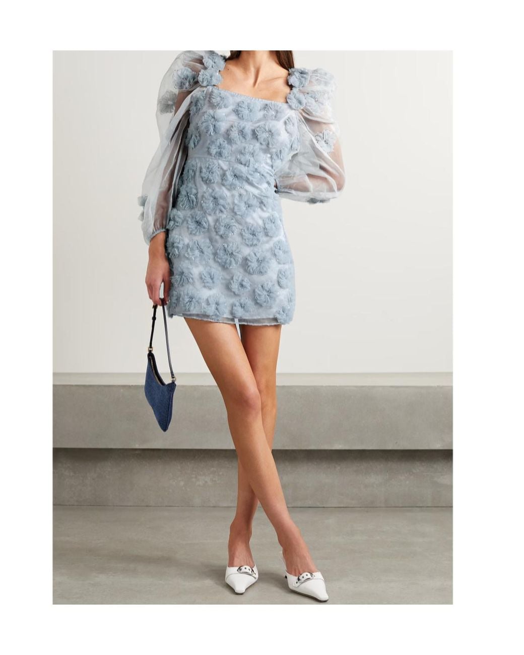 LoveShackFancy Blue Wells Appliqued Organza Mini Dress
