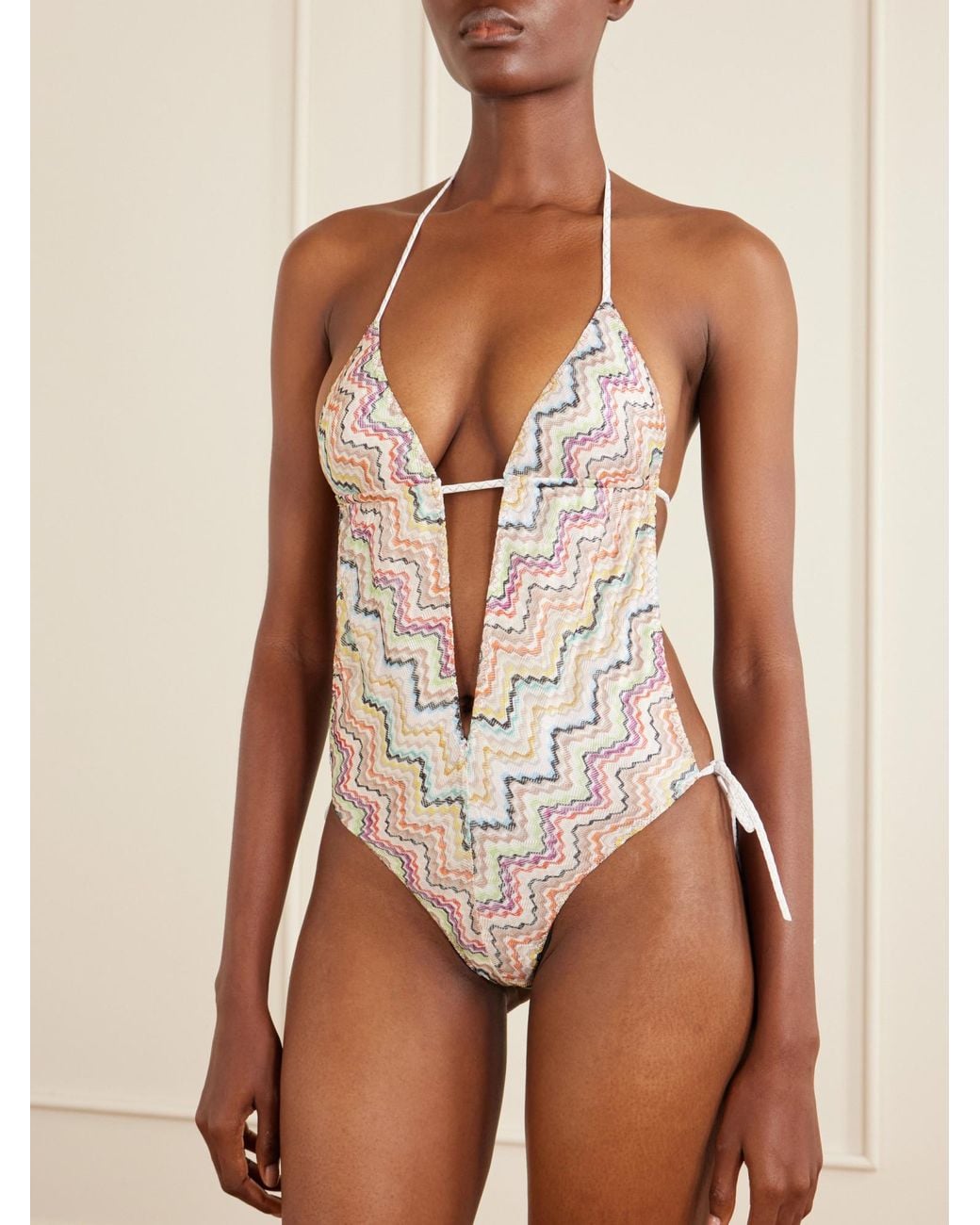 Missoni White Striped Crochet-Knit Halterneck Swimsuit