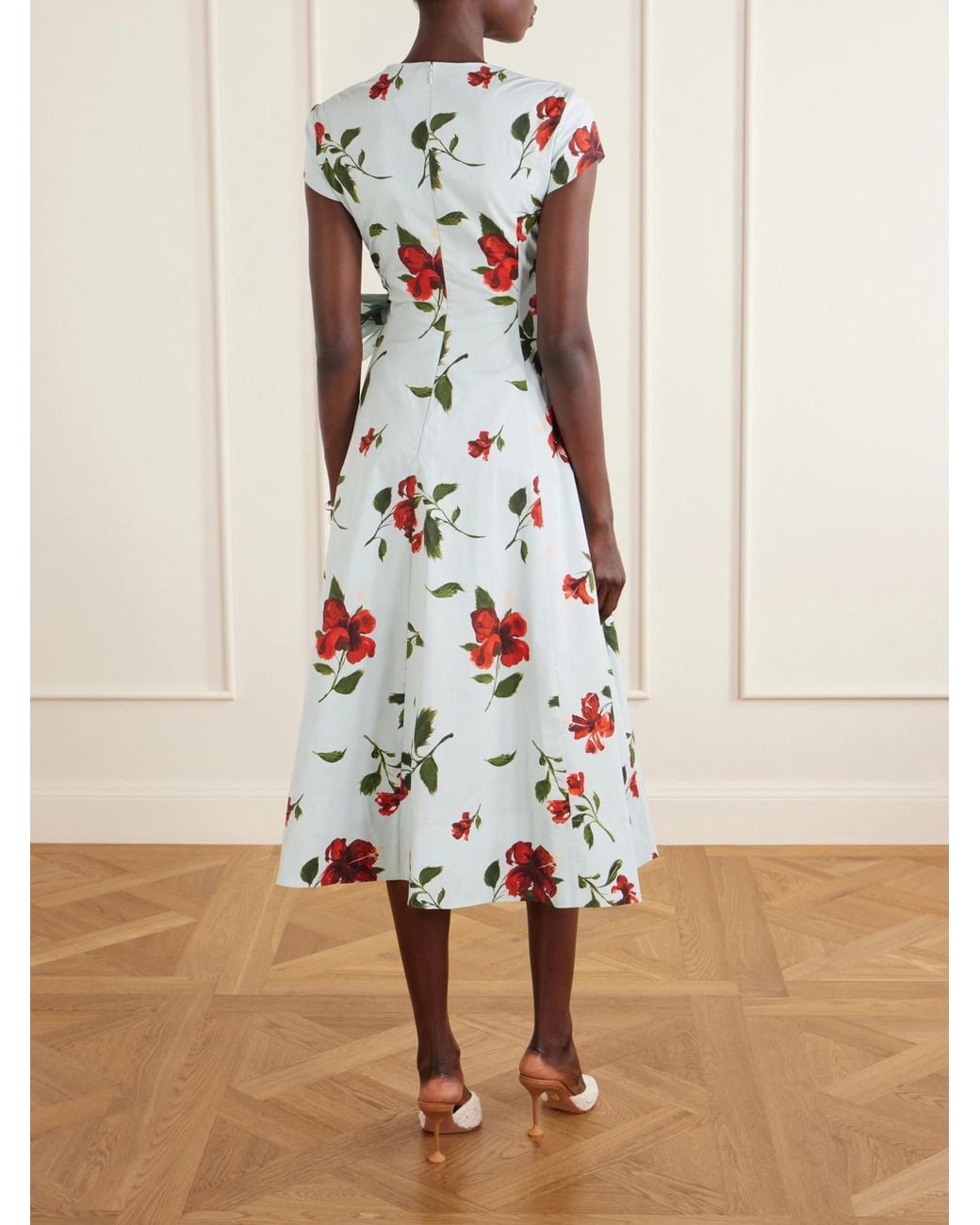 Oscar de la Renta White Floral-Print Cotton-Poplin Wrap Midi Dress