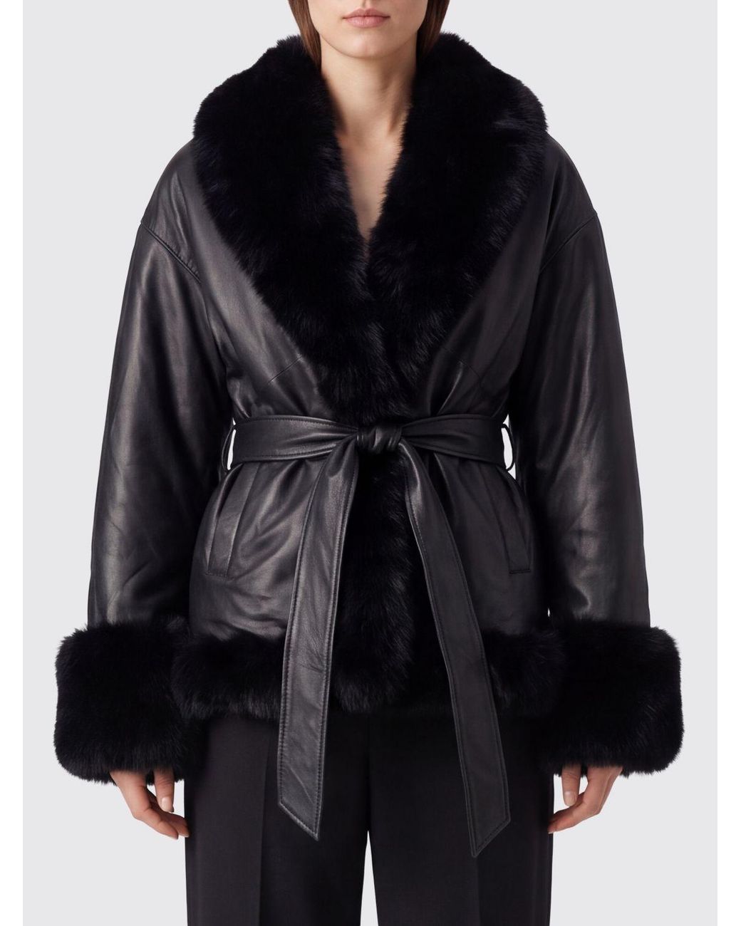 ROTATE BIRGER CHRISTENSEN Black Belted Faux Fur Trim Leather Jacket