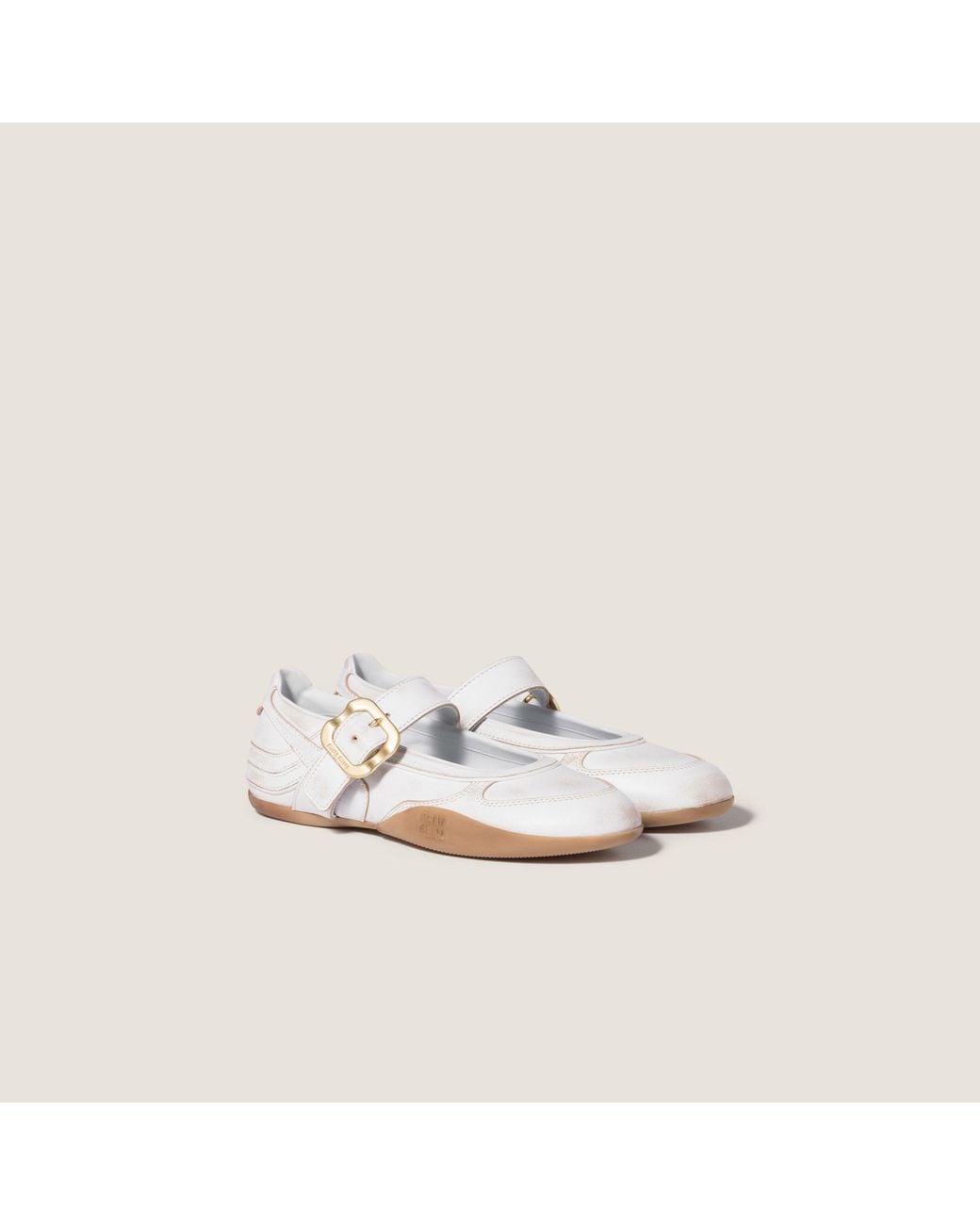 Miu Miu White Gymnasium Leather Ballerinas With Strap And Buckle
