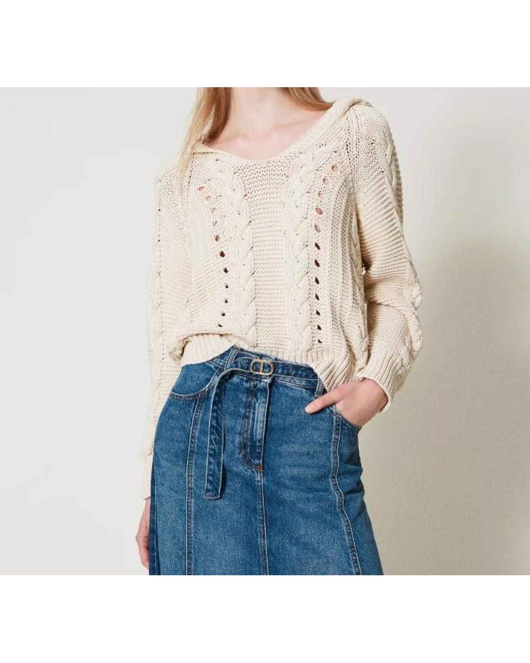 Twinset Natural Cable-Knit Hoodie