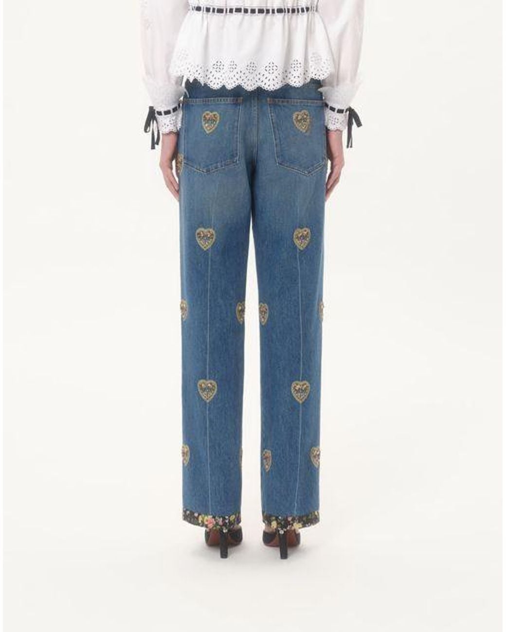 Valentino Blue Heart Embellished Wide Leg Jeans