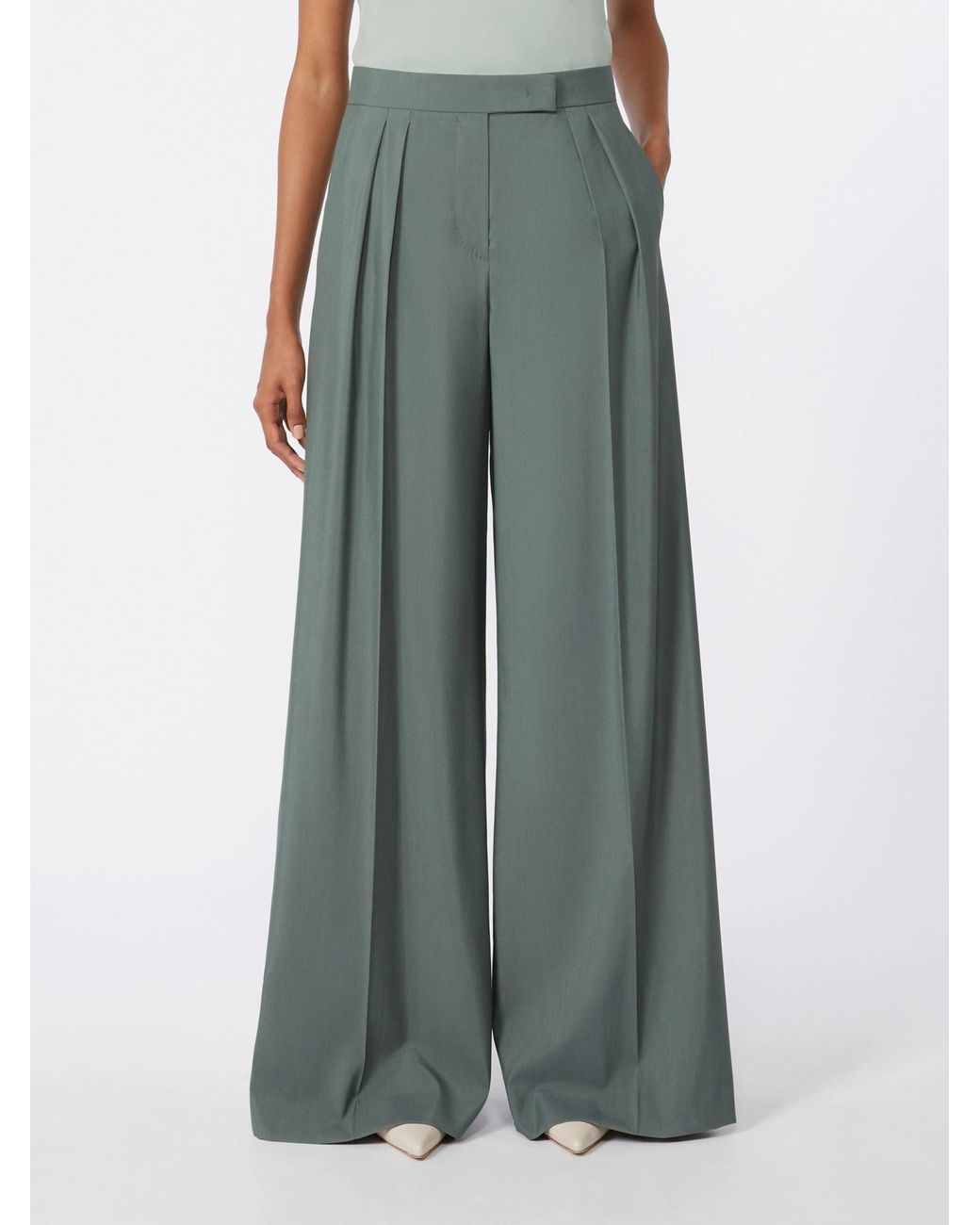 Max Mara Green Pleated Wide-Leg Trousers
