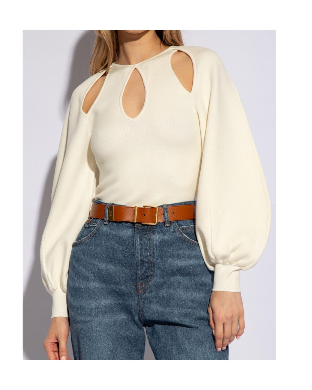 Chloé Natural Cut-Out Puff-Sleeve Sweater