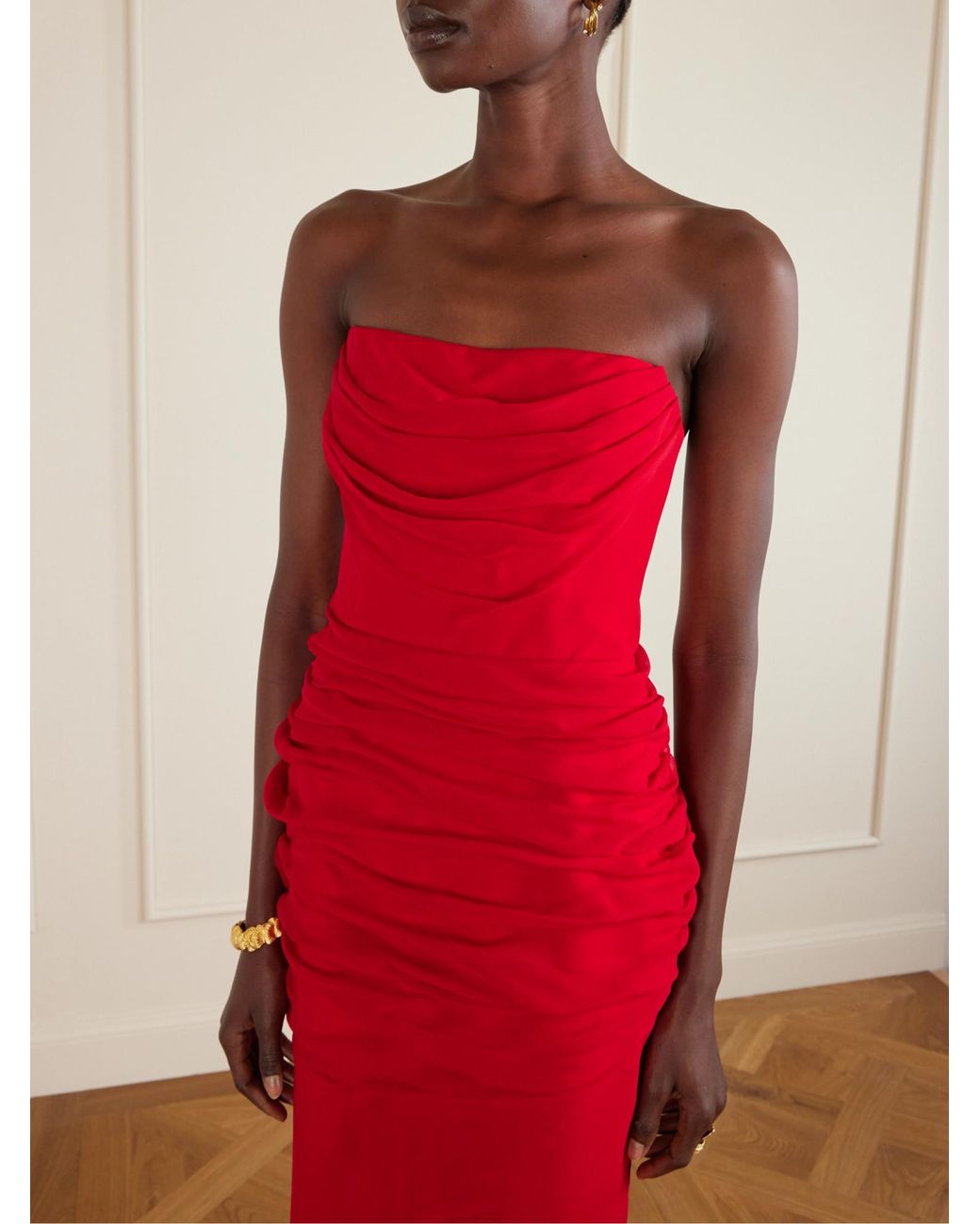 Carolina Herrera Red Strapless Draped Silk-Chiffon Midi Dress