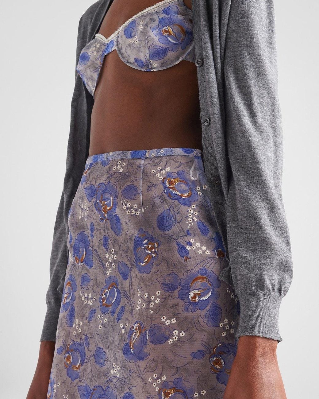 Prada Blue Nylonette Floral Print Midi Skirt