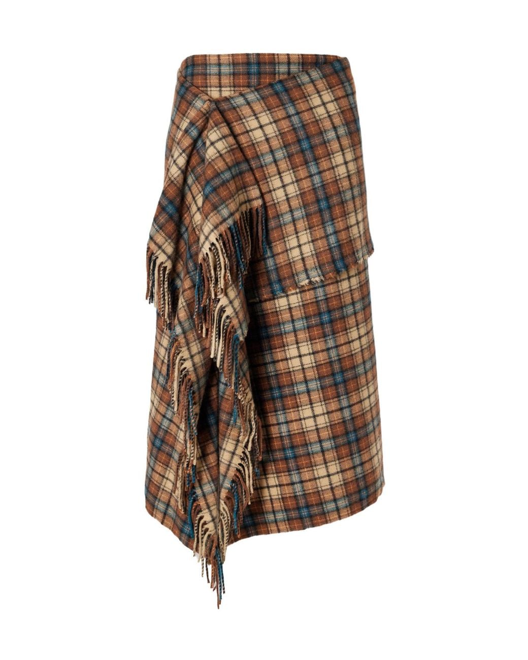 Auralee Brown Asymmetric Fringed Checked Cashmere Wrap Midi Skirt