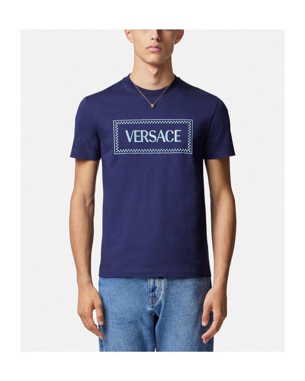 Versace Blue Logo Printed Crewneck T-Shirt for men