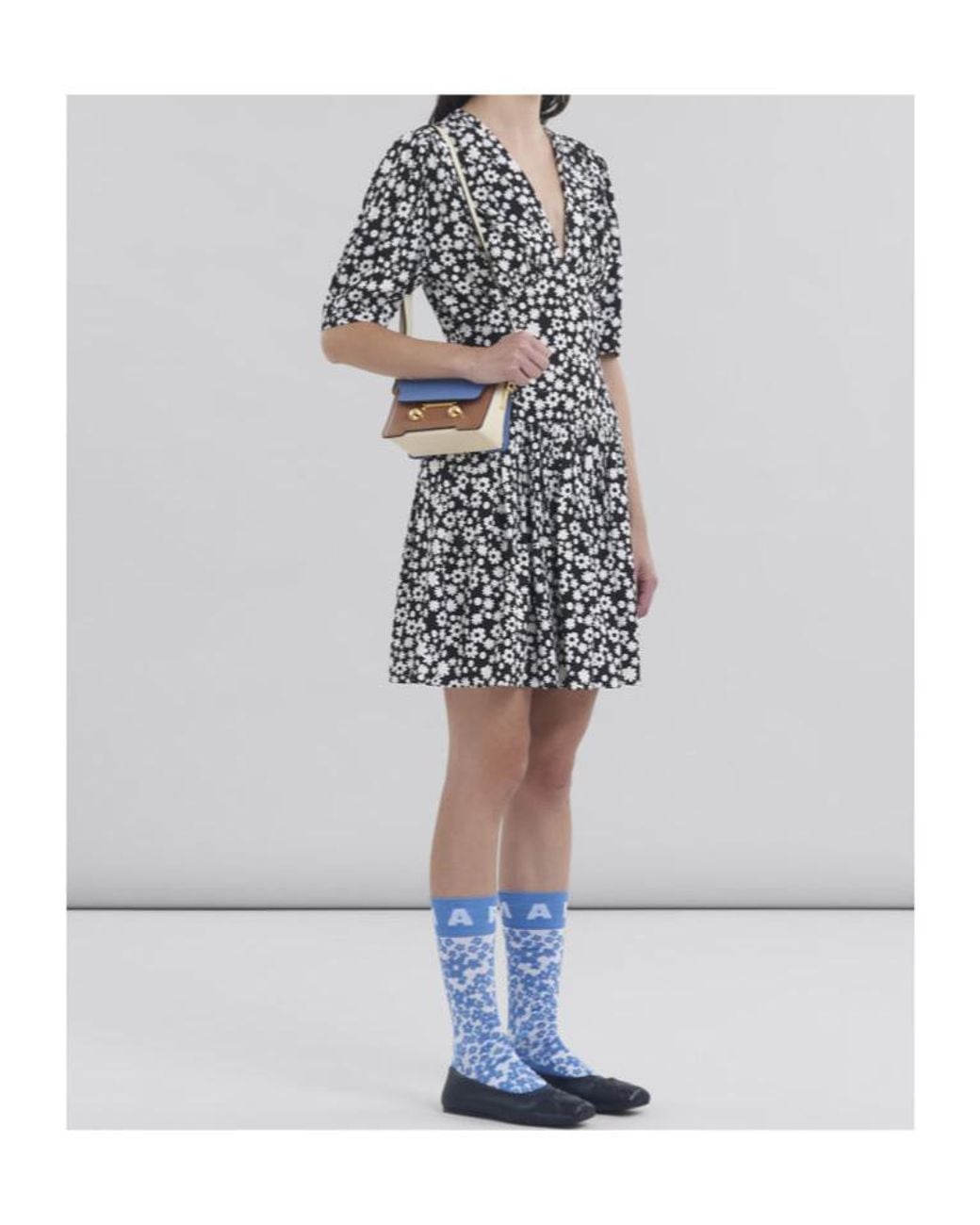 Marni Black And Short Satin Dress With Pop Fields Motif