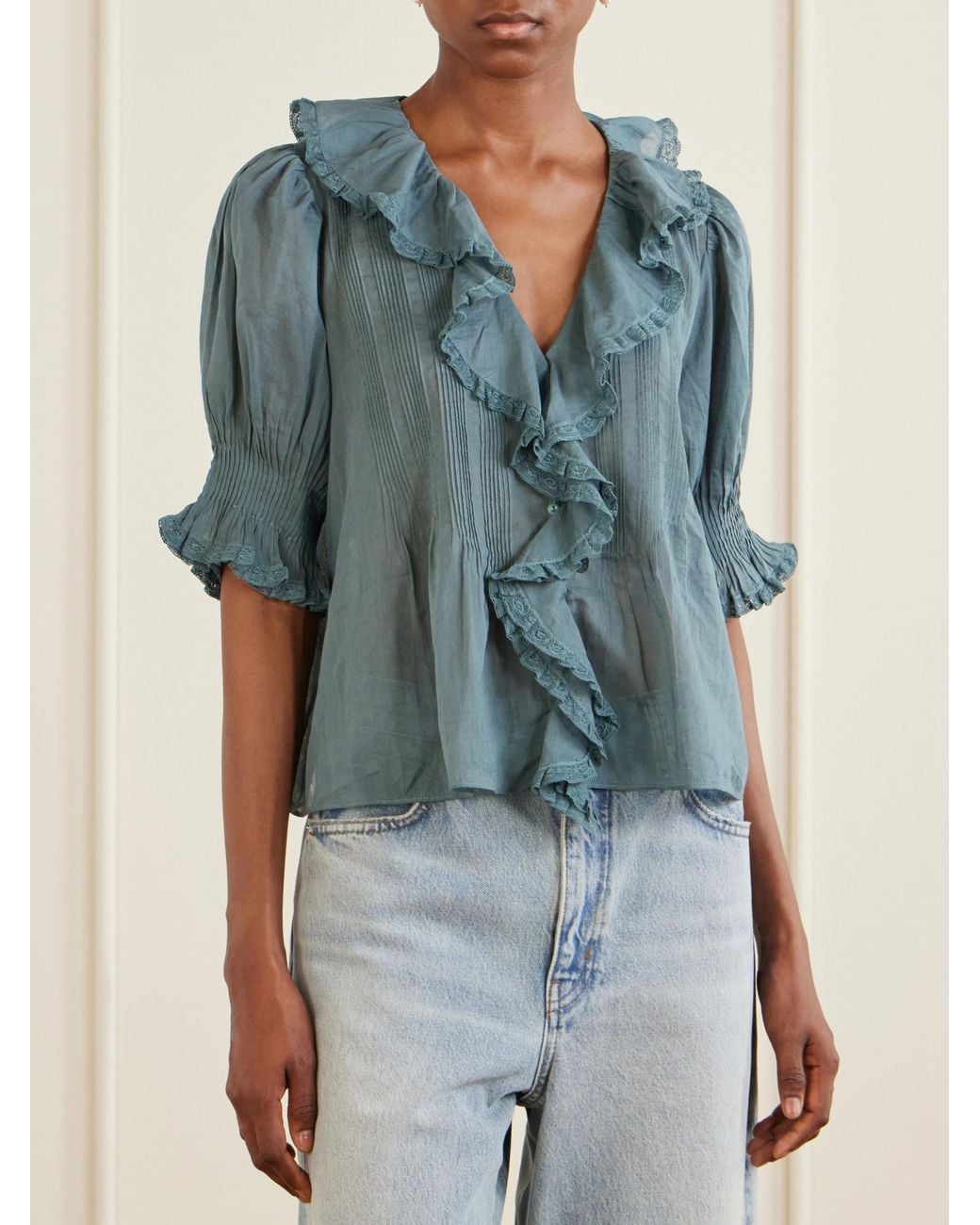 Doen Blue Lace-Trimmed Organic Cotton Blouse