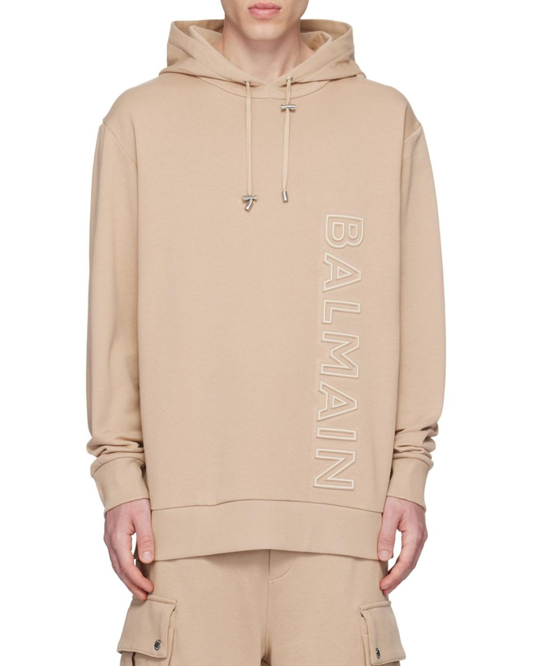 Balmain Natural Logo Embossed Drawstring Hoodie for men