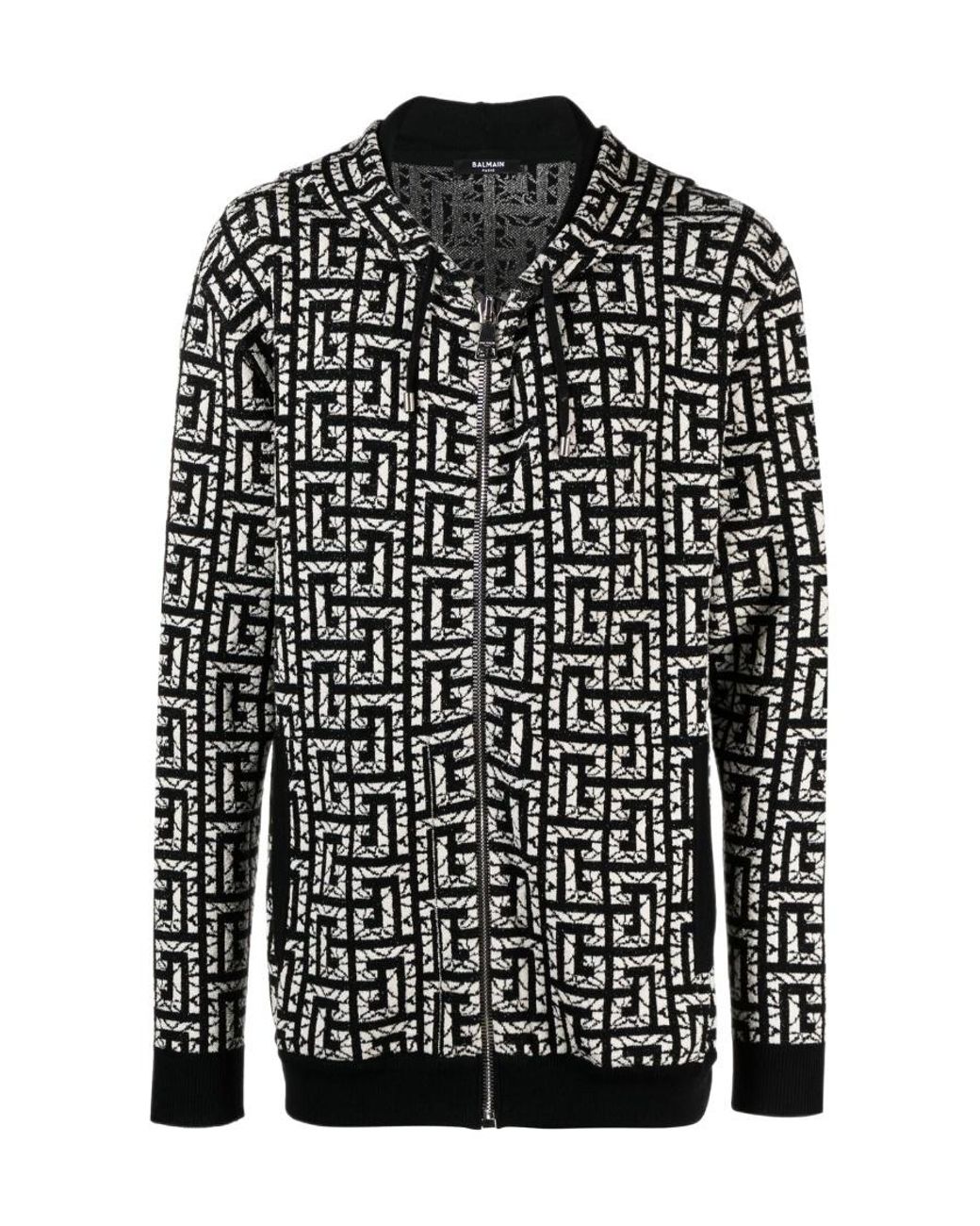Balmain Black Monogram Intarsia-Knit Zipped Hoodie for men
