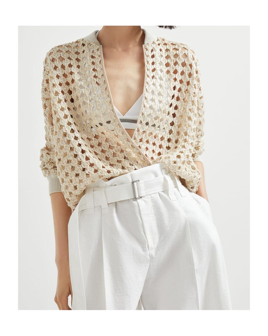Brunello Cucinelli White Crochet-Knit Zip-Up Jacket