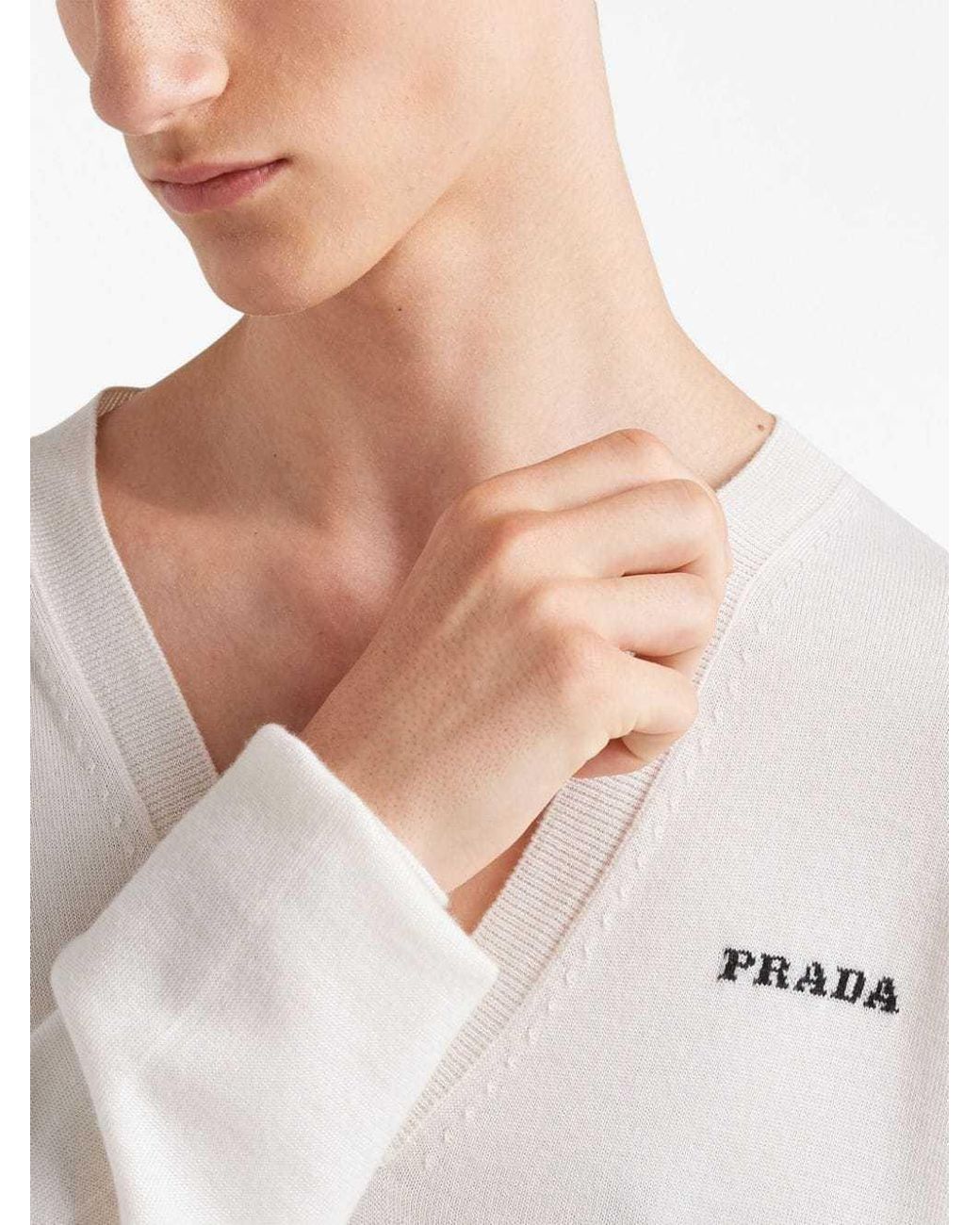 Prada White Long-Sleeved V-Neck Jumper for men