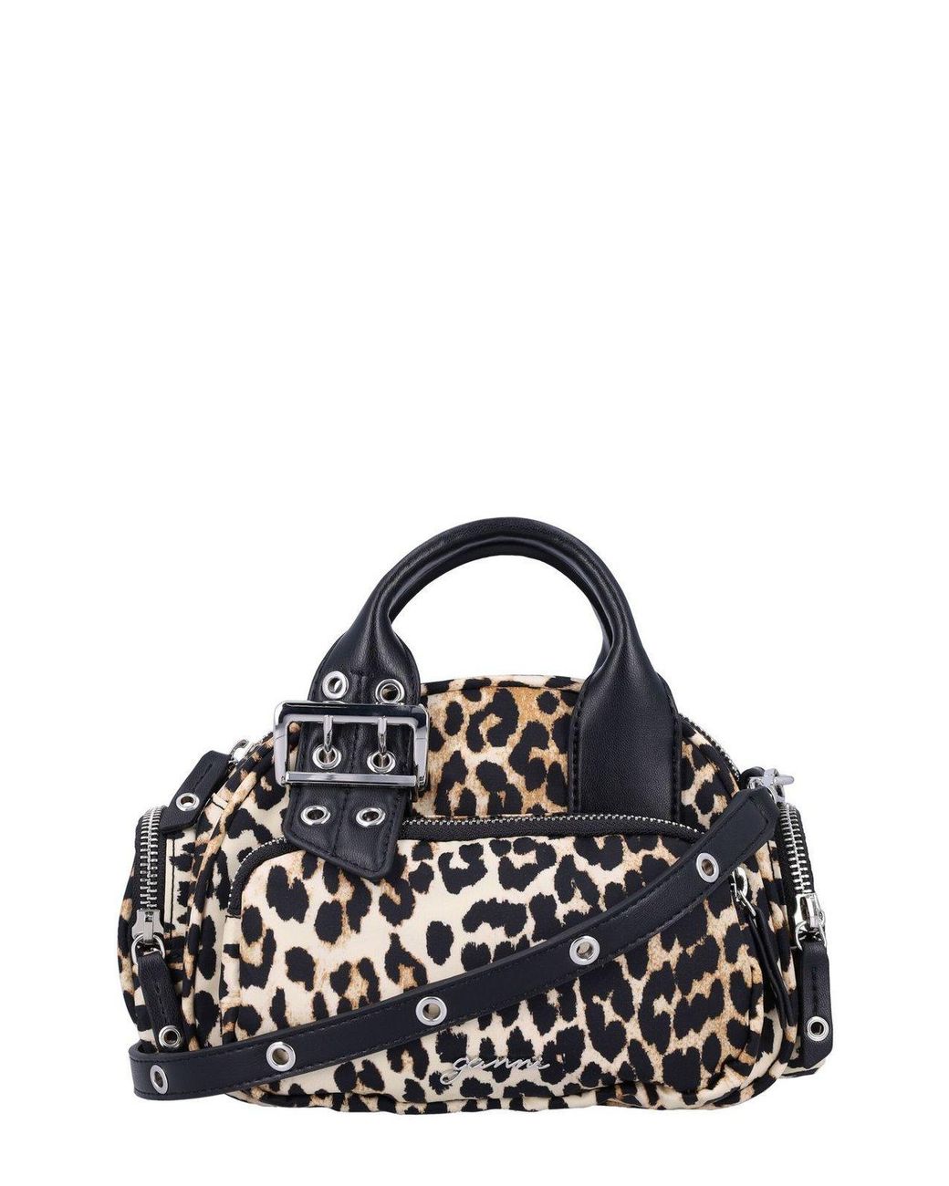 Ganni Black Leopard Printed Buckle Detailed Mini Tote Bag