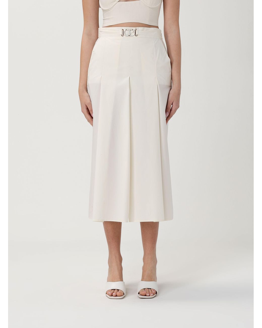 Twinset Natural Logo Plaque Pleated Midi Skirt