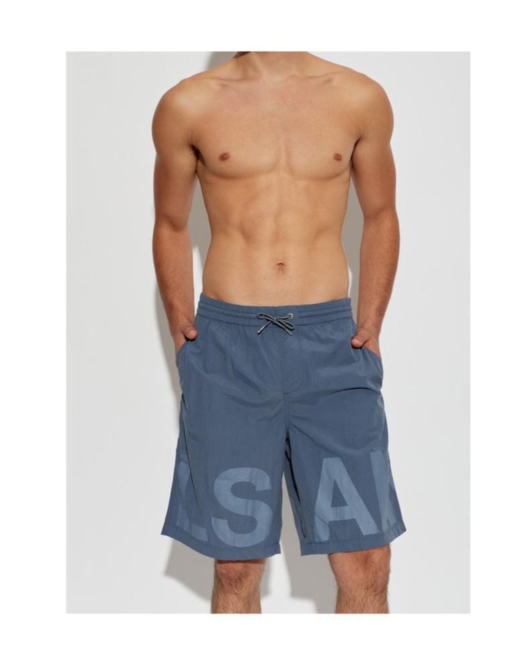 AllSaints Blue Largeletter Drawstring Swim Shorts for men