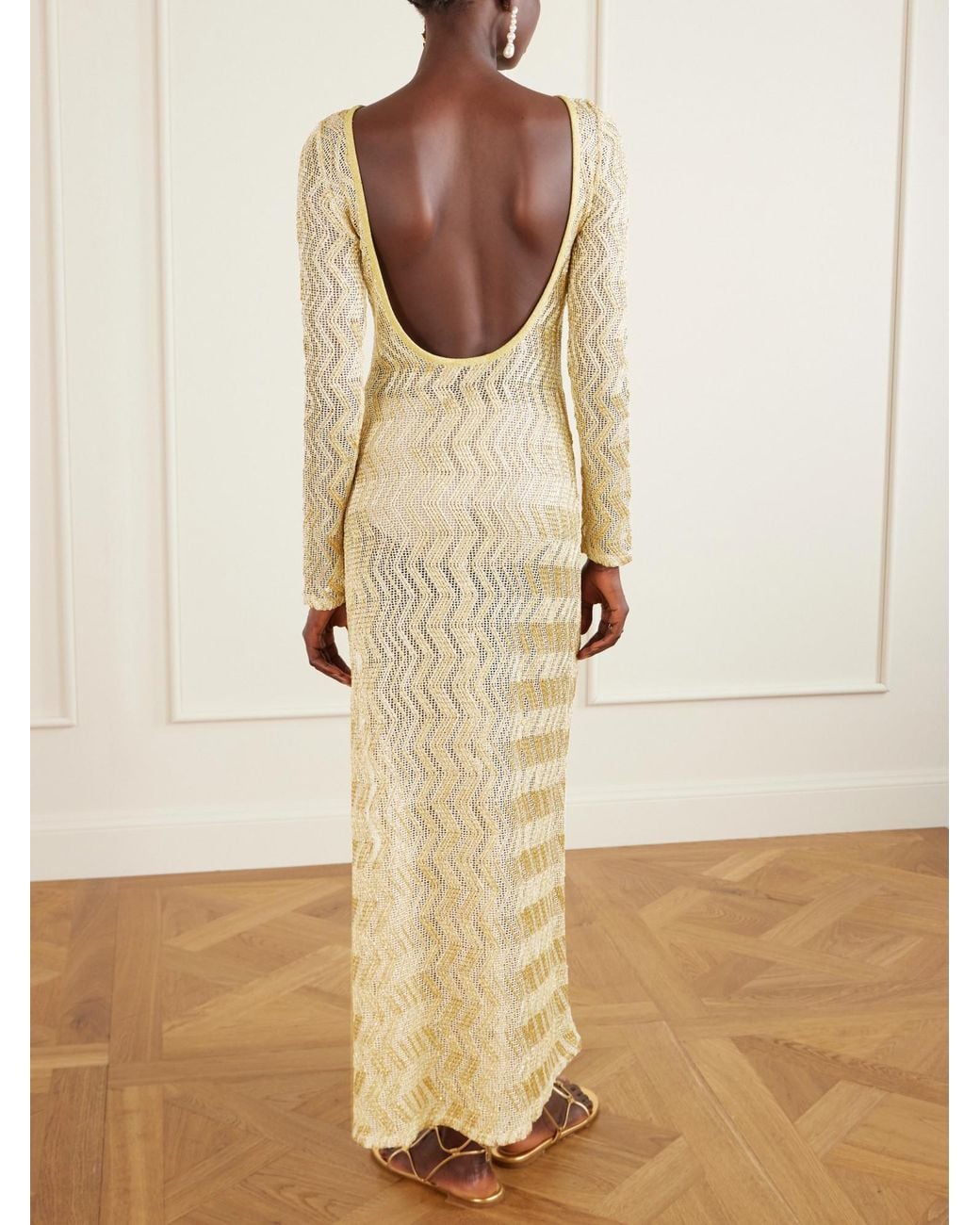 Missoni Natural Open-Back Metallic Crochet-Knit Maxi Dress