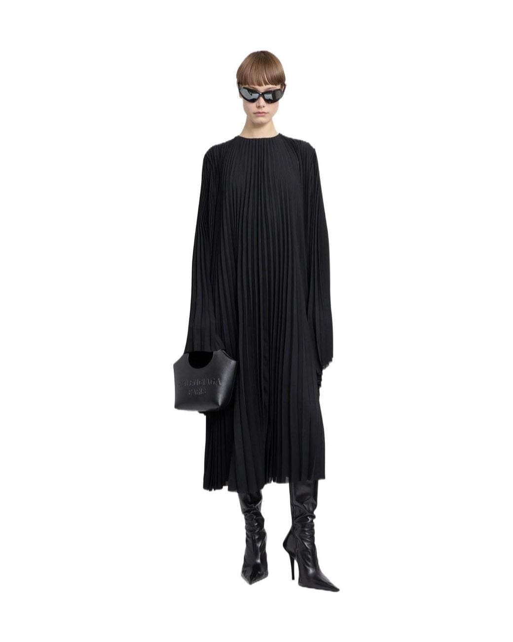 Balenciaga Black Pleated Wide-Sleeve Maxi Dress