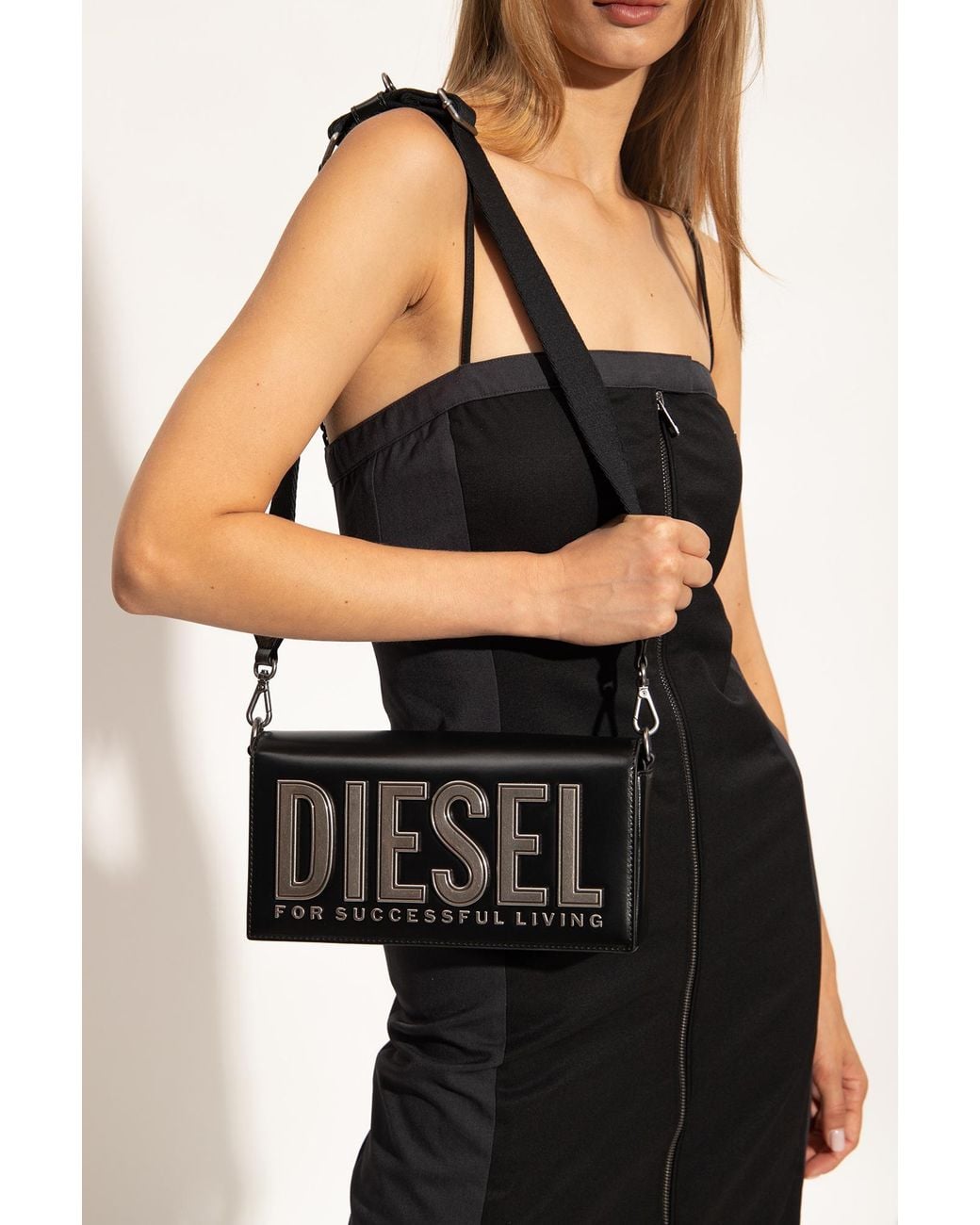 DIESEL Black Logo Lettering Foldover Top Shoulder Bag