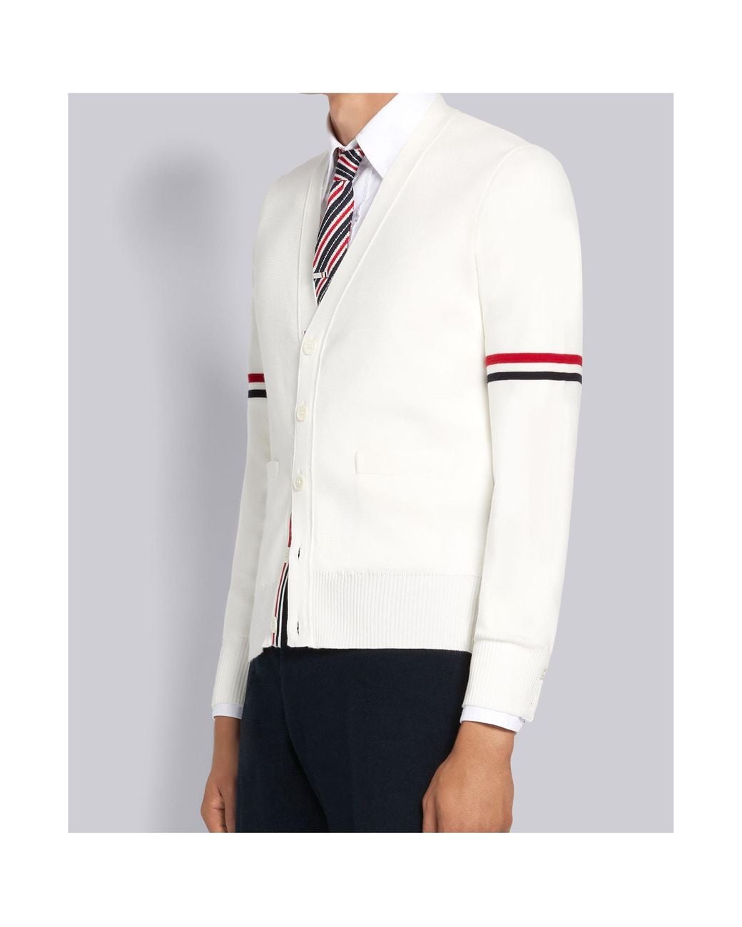 Thom Browne White Tricolour-Bar V-Neck Cardigan for men