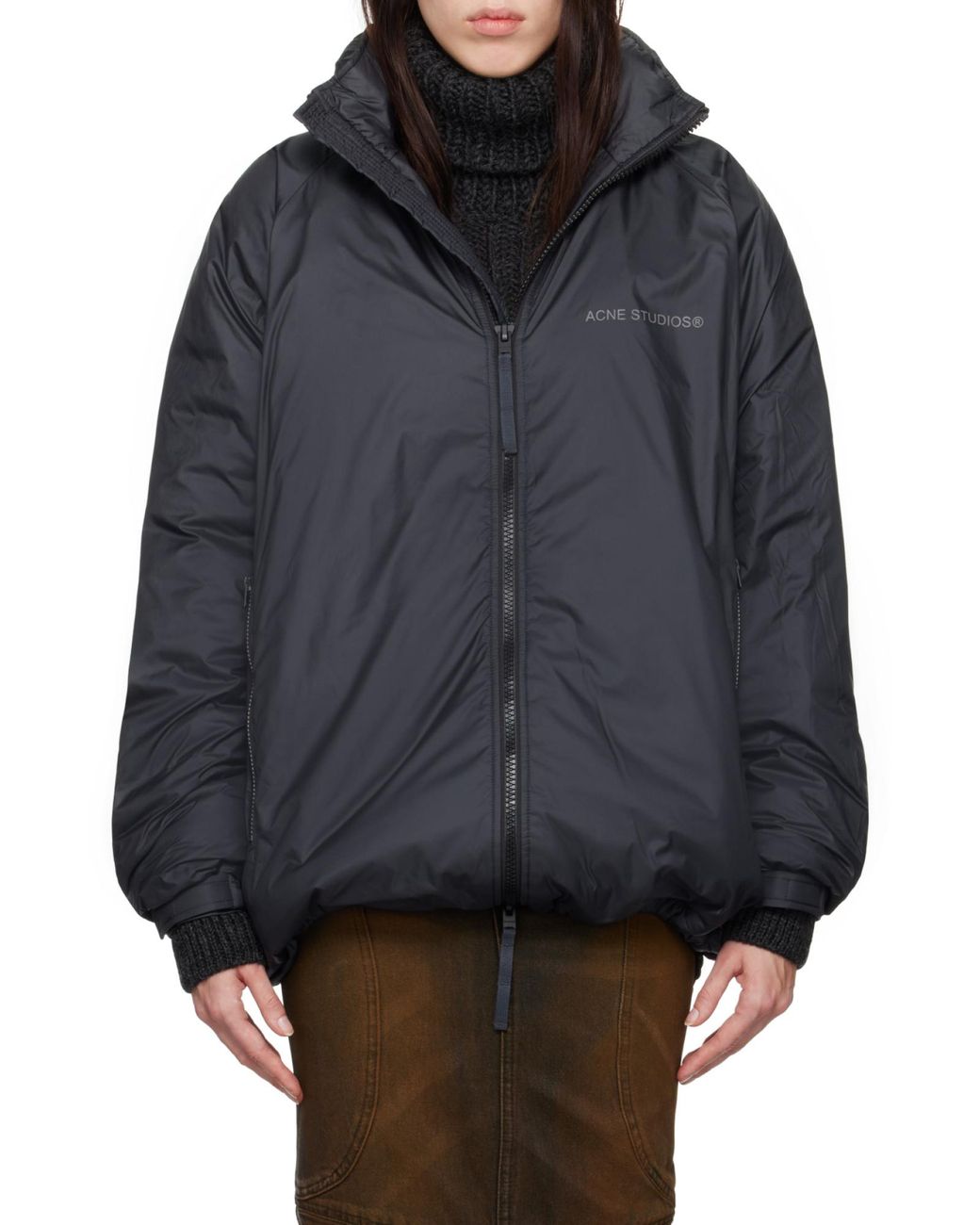 Acne Gray Logo Printed Zipped Downjacket for men