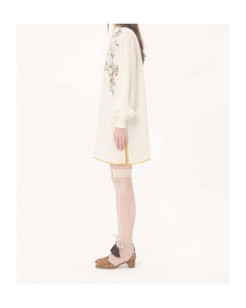 Valentino Natural Floral Patterned Long-Sleeved Mini Dress