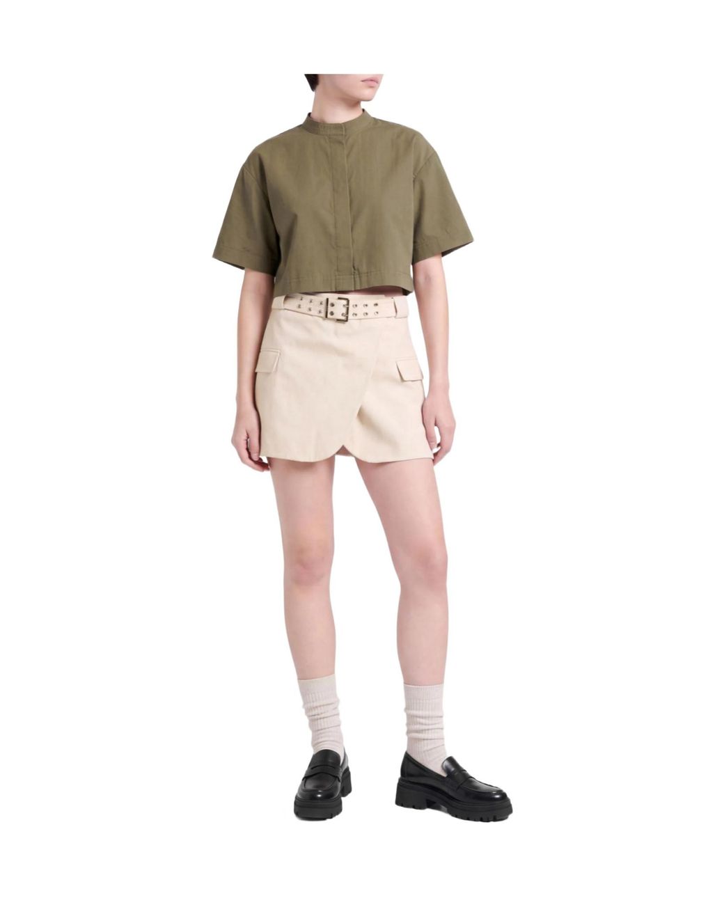 Ganni Natural Solid-Colored Twill Midi Skirt
