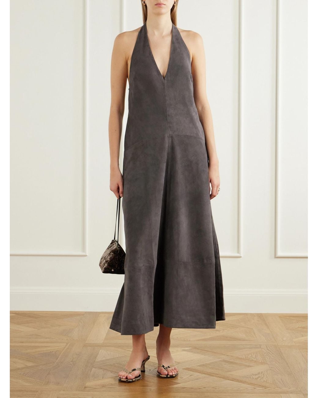 St. Agni Gray Paneled Suede Halter Midi Dress