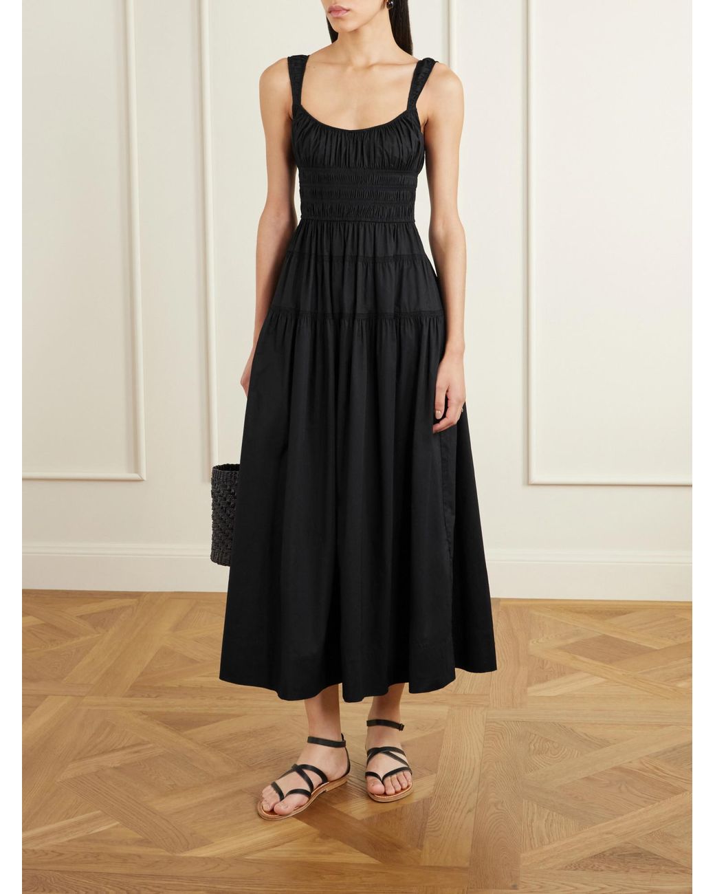 Doen Black Shirred Organic Cotton-Poplin Midi Dress