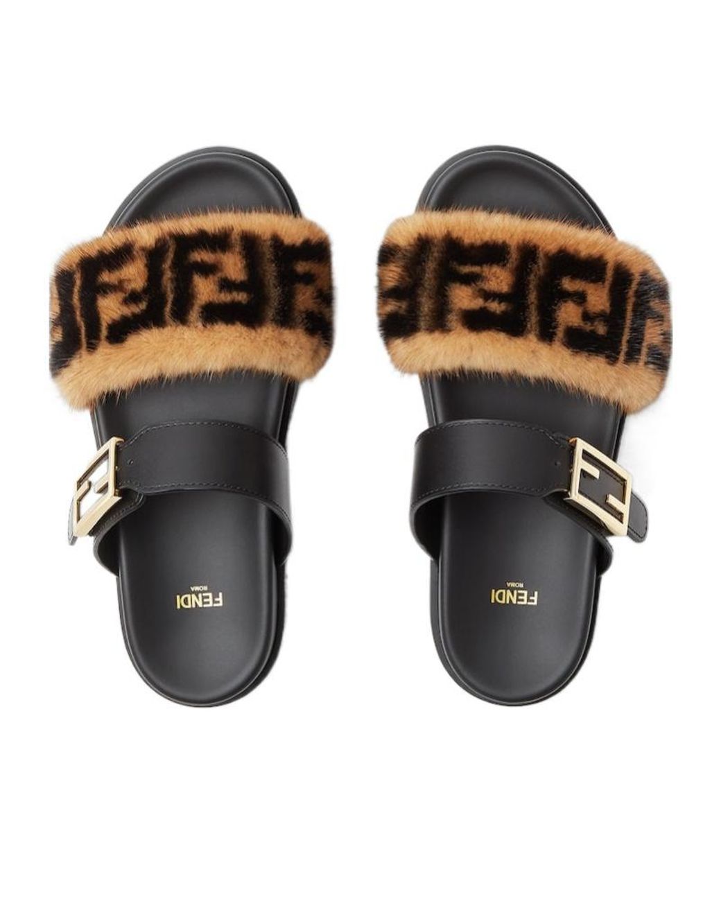 Fendi Brown Feel Ff Logo Plaque Slides