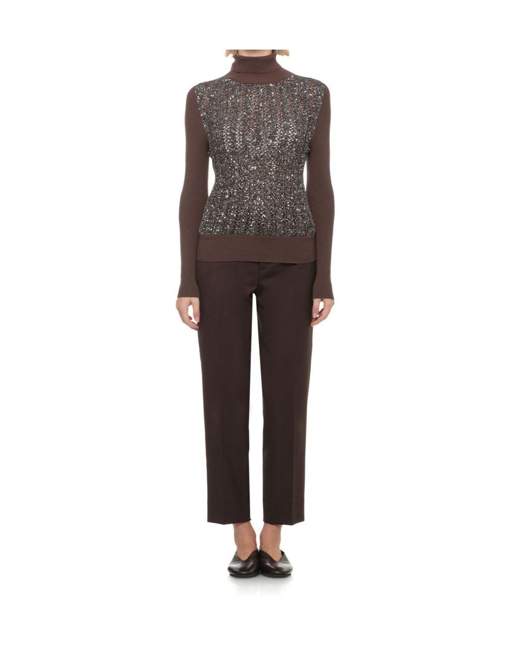 D.exterior Brown Sequined Turtleneck Knitted Sweater