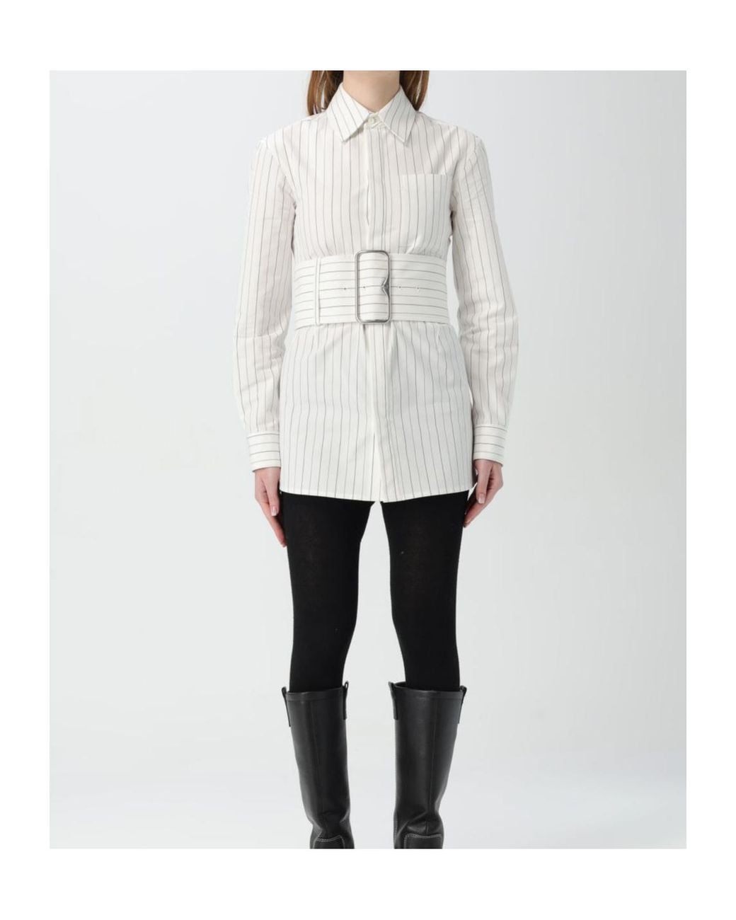 Burberry White Wide-Belted Striped Shirt