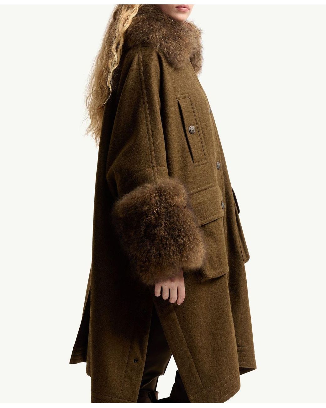 Moncler Brown Mantreau Shearling-Trimmed Loden Cape