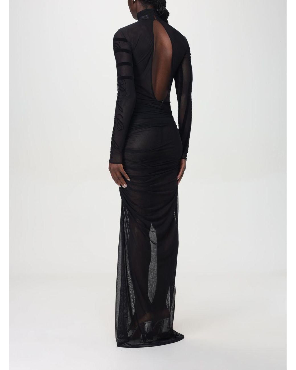 Jean Paul Gaultier Black Flocked-Stripe Mesh Maxi Dress