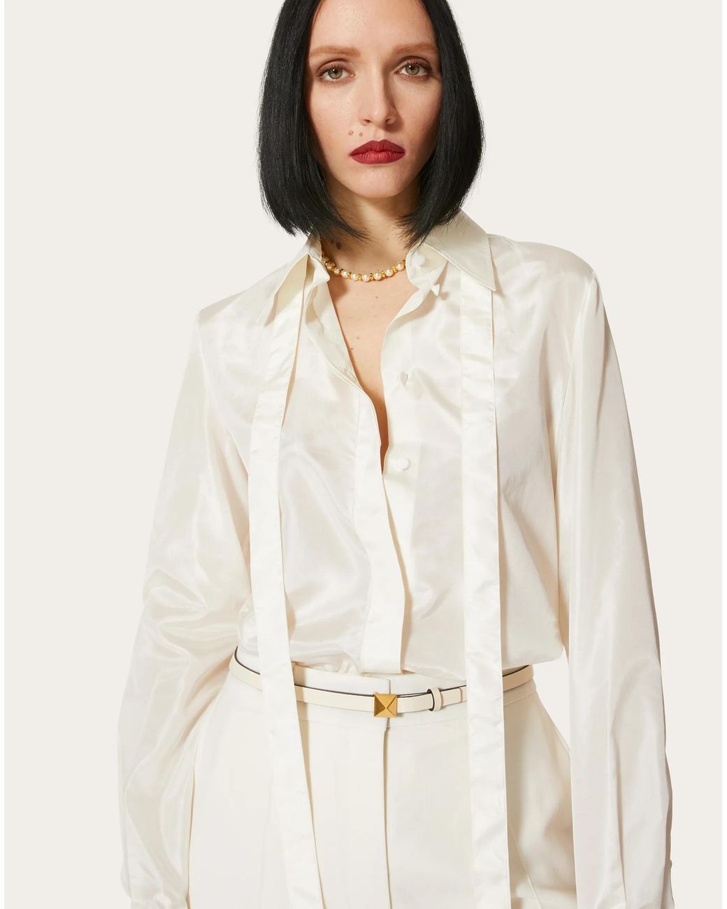 Valentino White Pussy Bow-Collar Silk Shirt