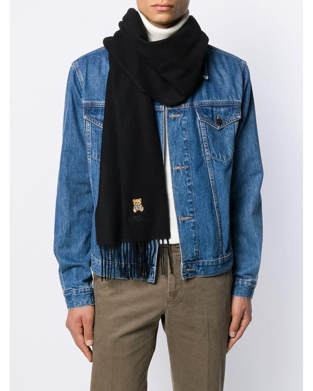 Moschino Black Logo-Embroidered Fringed Scarf for men