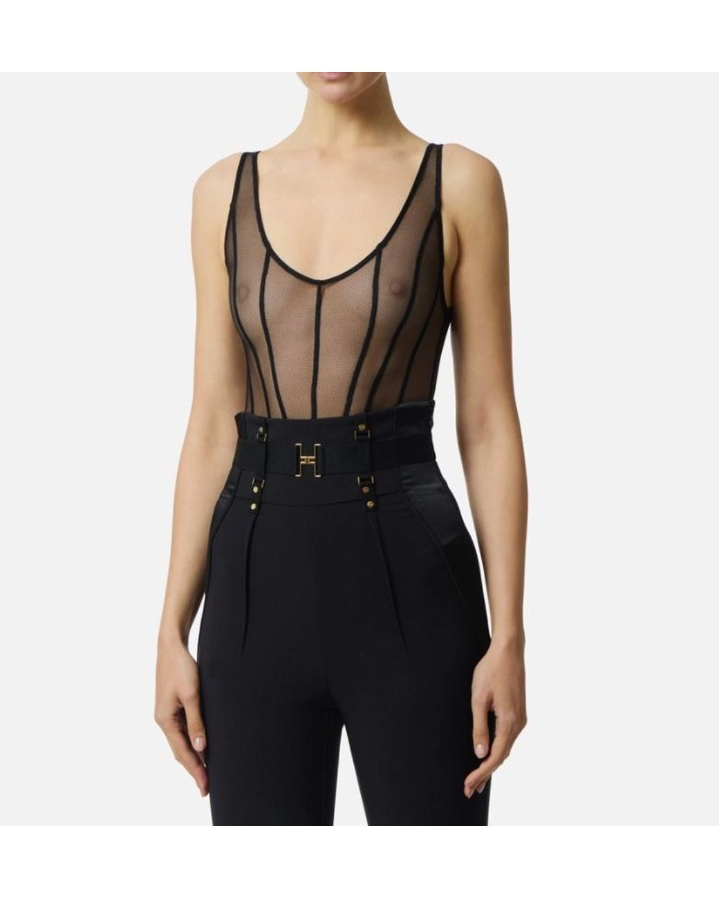 Elisabetta Franchi Gray Micro-Mesh Tulle Bodysuit
