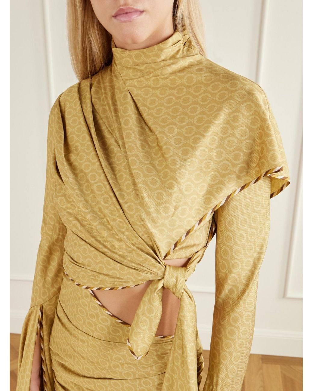 Zimmermann Metallic Knotted Draped Printed Silk-Blend Maxi Dress