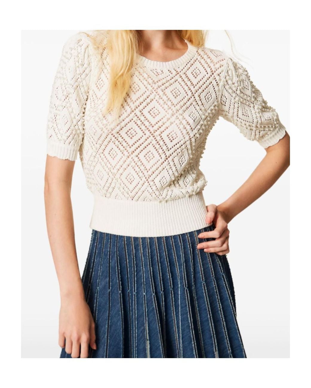Twinset White Embellished Short-Sleeved Knitted Sweater
