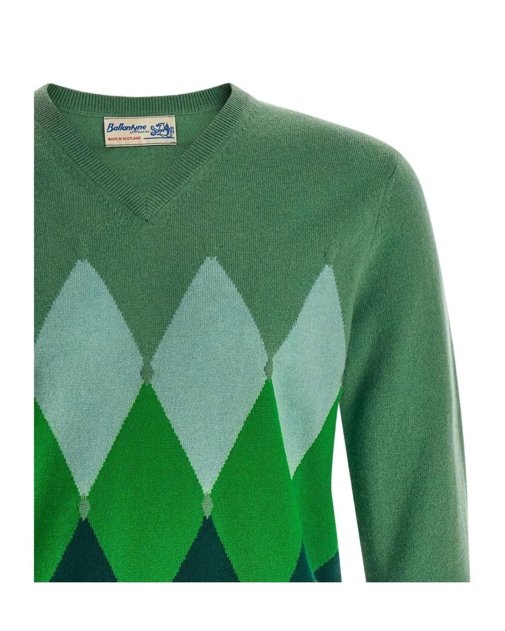 Ballantyne Green Diamond Intarsia V-Neck Knitted Sweater for men