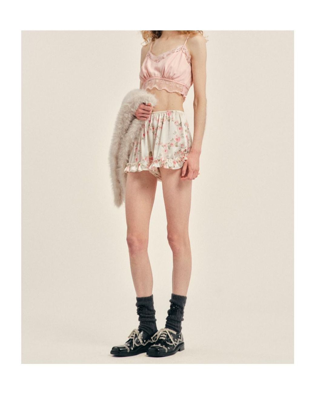 Simone Rocha Natural Floral-Print Ruffled Shorts
