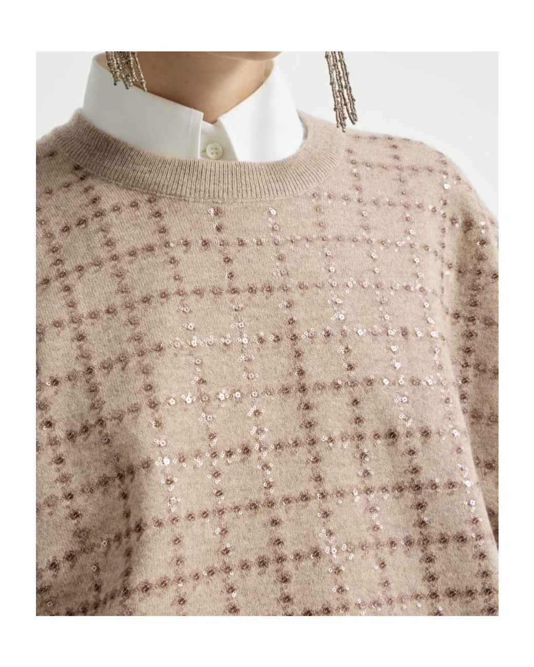 Brunello Cucinelli White Cashmere Knit T-Shirt With Dazzling Windowpane Embroidery