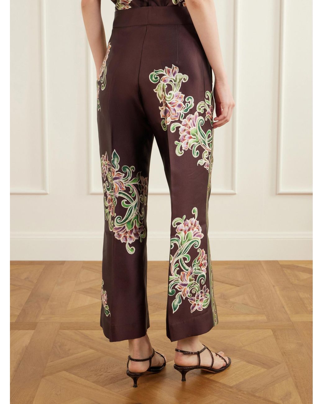 ALÉMAIS Brown Cropped Floral-Print Twill Flared Pants