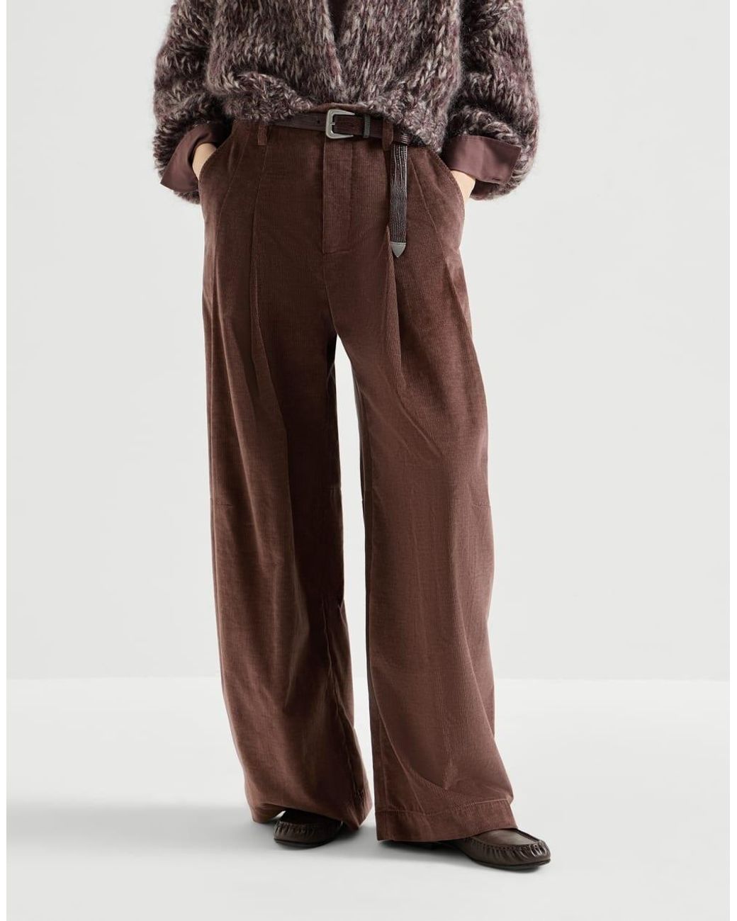 Brunello Cucinelli Brown Stretch Cotton And Cashmere Corduroy Five-Pocket Baggy Trousers With Monili