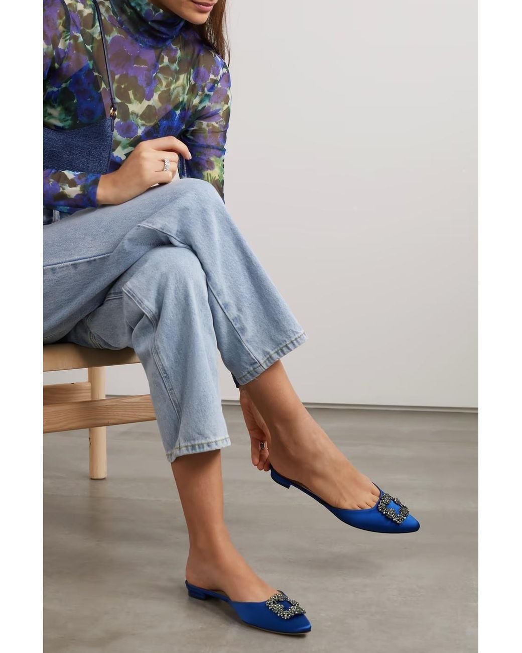 Manolo Blahnik Blue Hangisi Crystal Embellished Slippers
