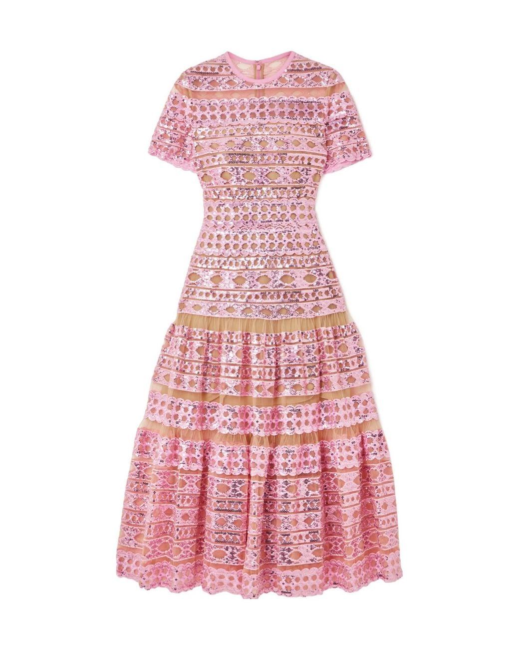 Elie Saab Pink Tiered Embroidered Sequined Tulle Midi Dress