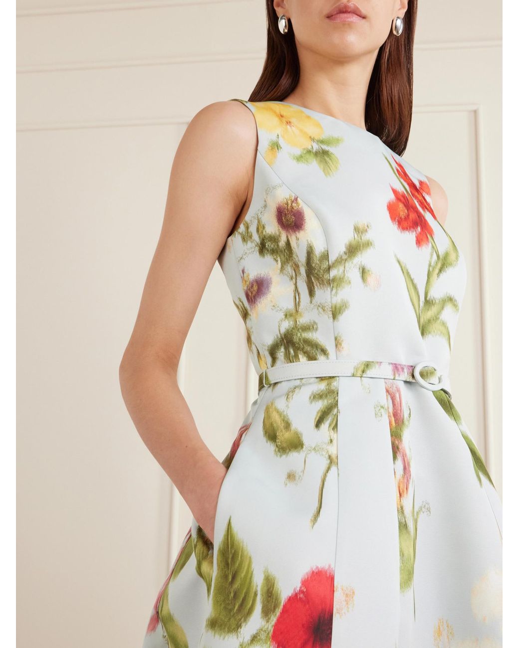 Oscar de la Renta White Belted Floral-Print Faille Midi Dress