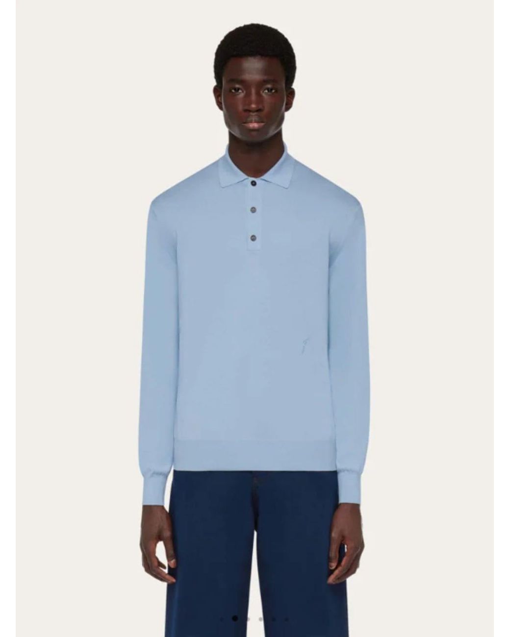 Ferragamo Blue Ferragamo Logo-Embroidered Long-Sleeved Knitted Polo Shirt for men